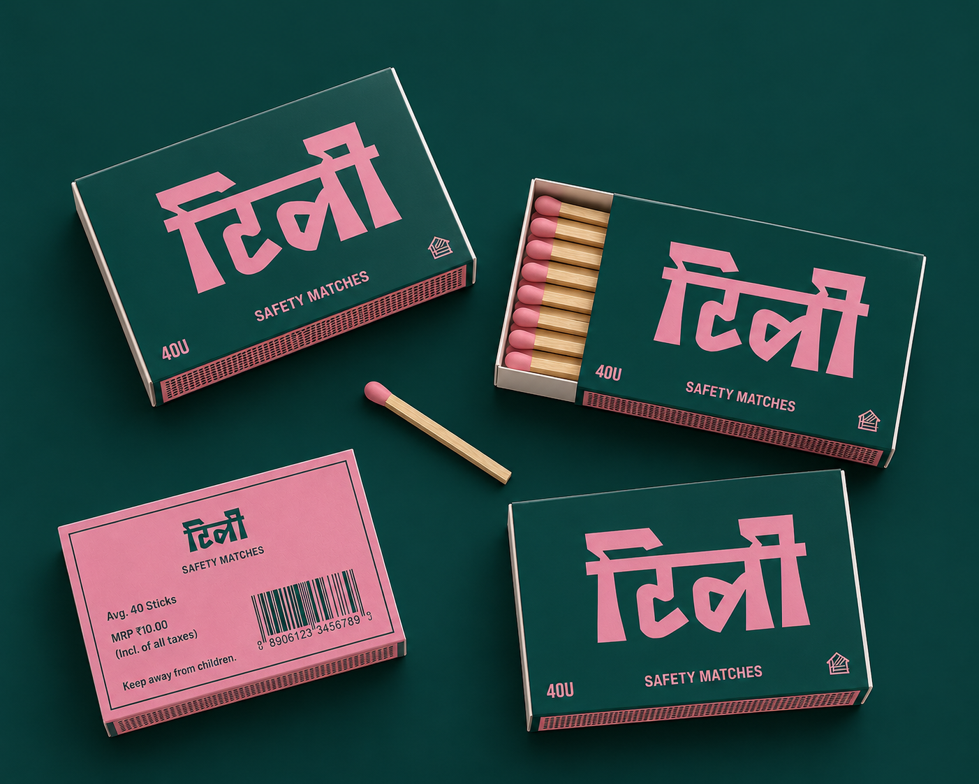 Tili safety matches packaging on dark green surface